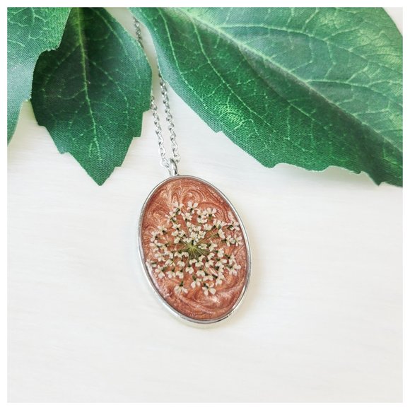 Floral Pendant Necklace Metallic Copper and Cream Pressed Dried Flower Pendant - Picture 1 of 10